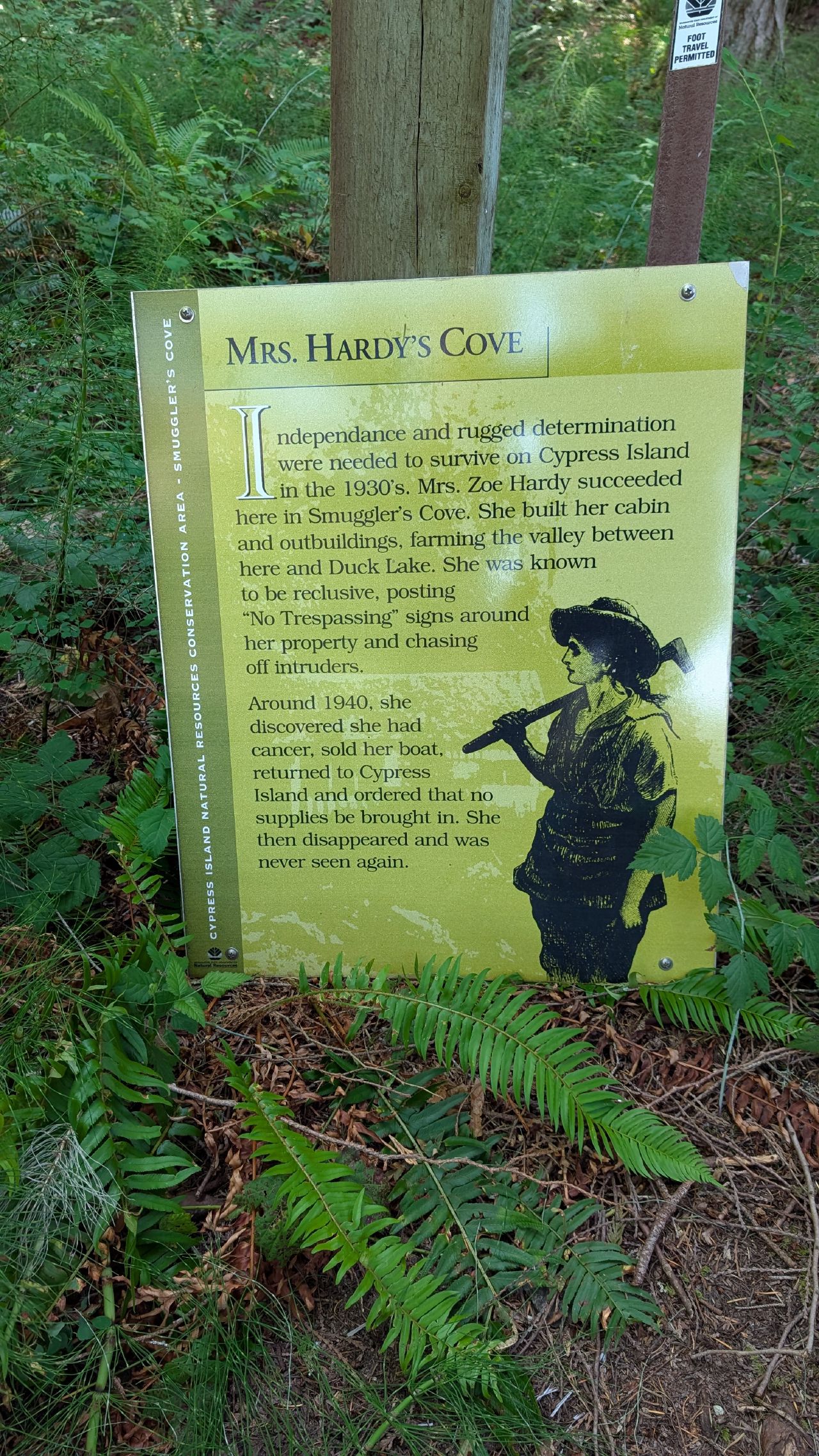 Historical sign about Mrs. Zoe Hardy at Smuggler’s Cove on Cypress Island