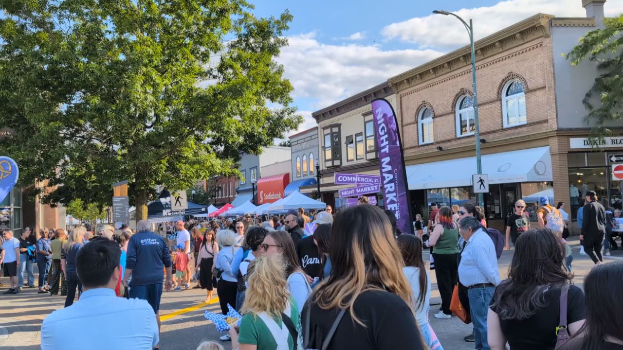 Busy Commercial Street Night Market during the summer arts walk in Nanaimo