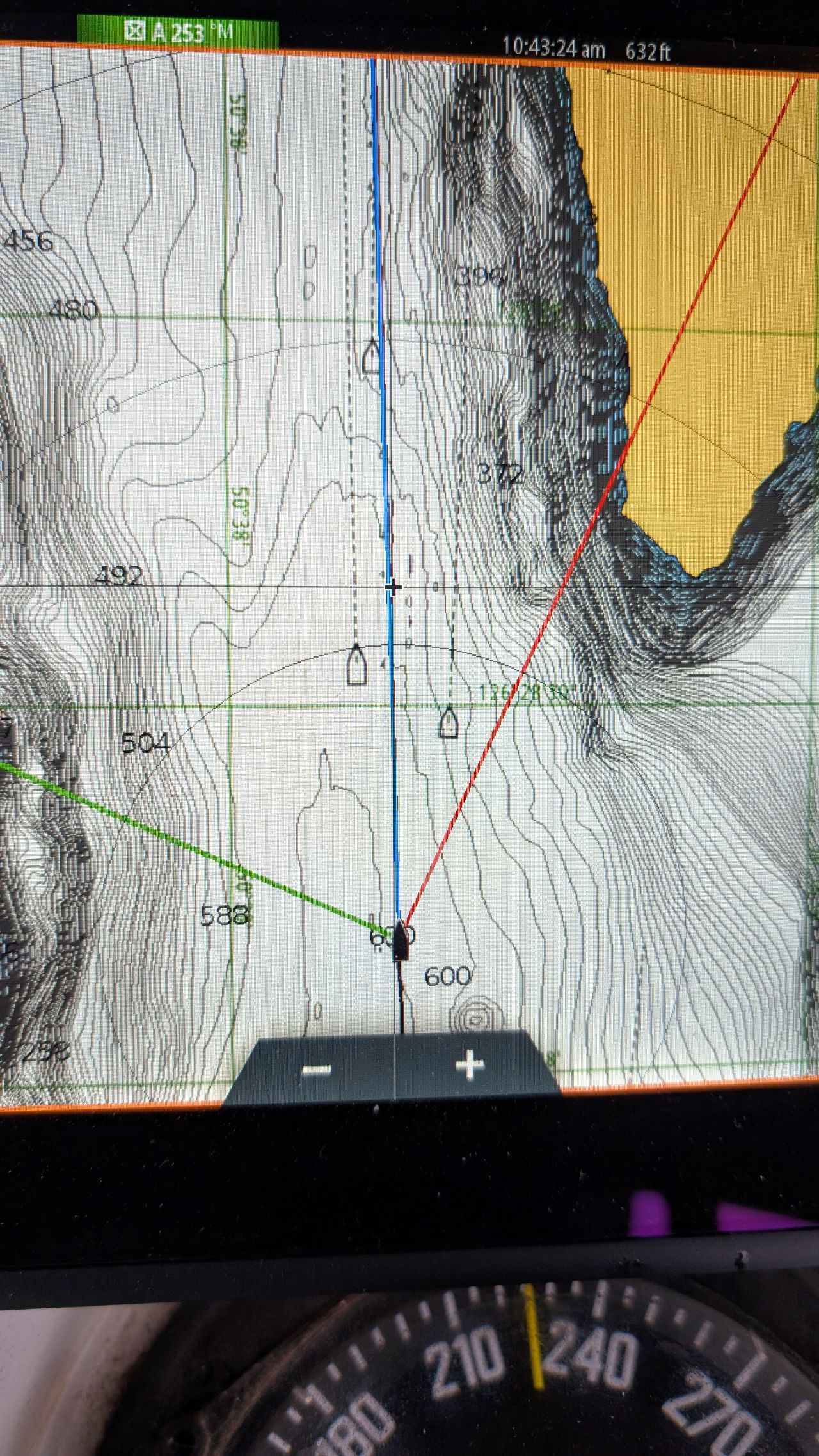 Chartplotter navigation display showing our route through the Broughton Archipelago