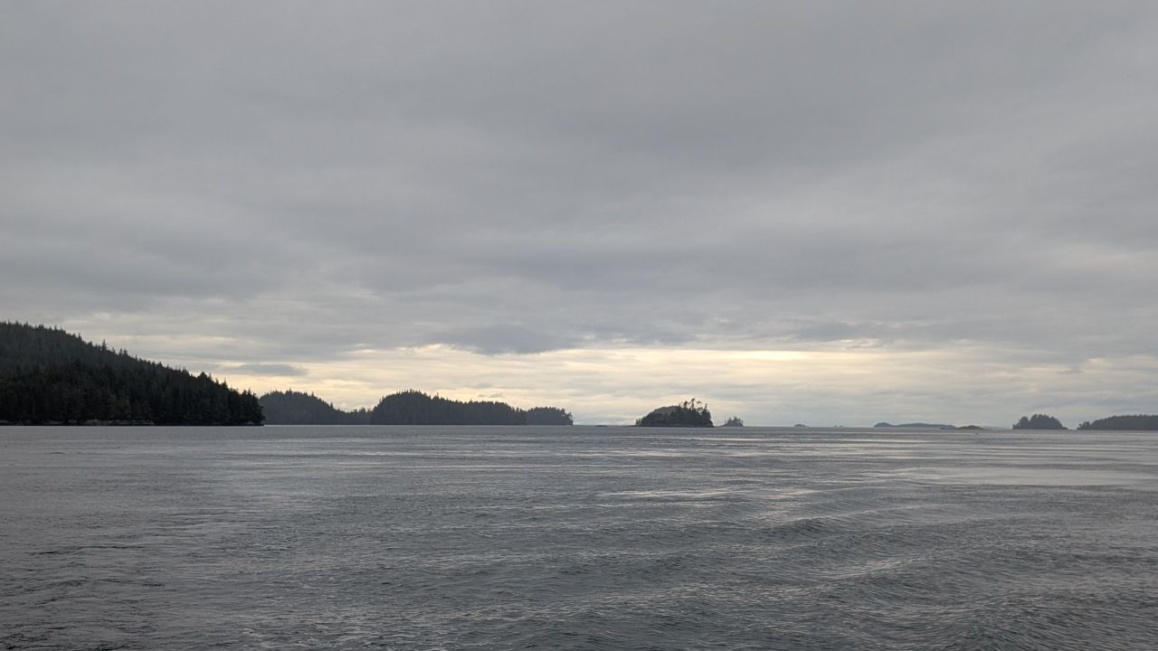 Overcast view of scattered islands on the passage to Mound Island
