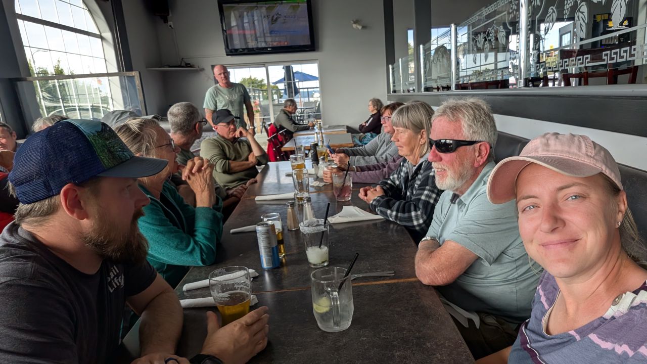 The flotilla crew sharing dinner and drinks at Gus’s Pub in Port McNeill