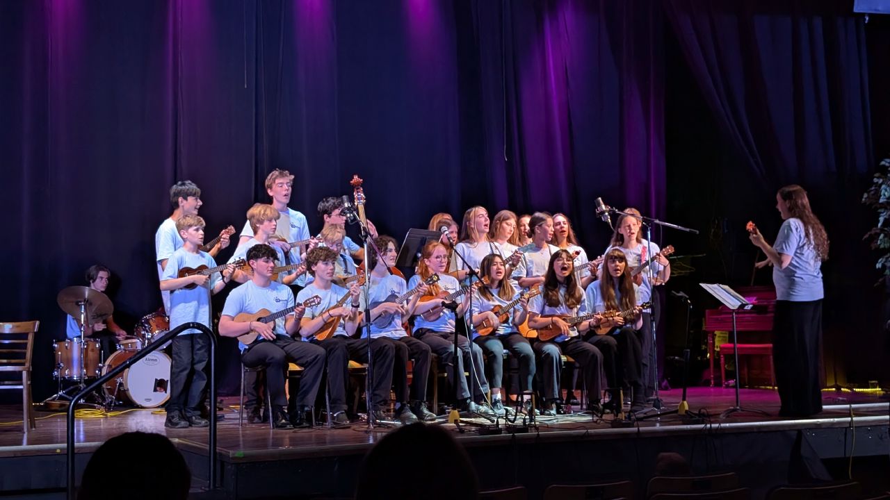 Youth ukulele concert on stage at the Port McNeill theater