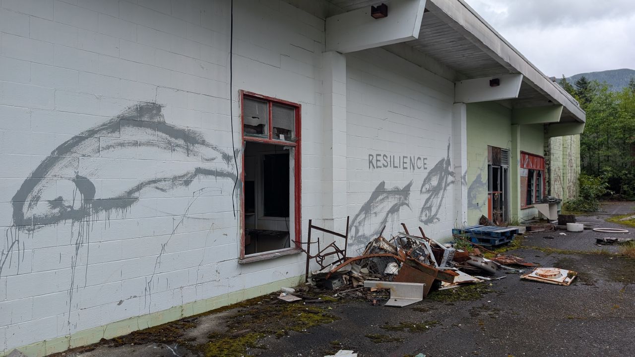Salmon mural and the word Resilience painted on the wall of an abandoned building in Namu