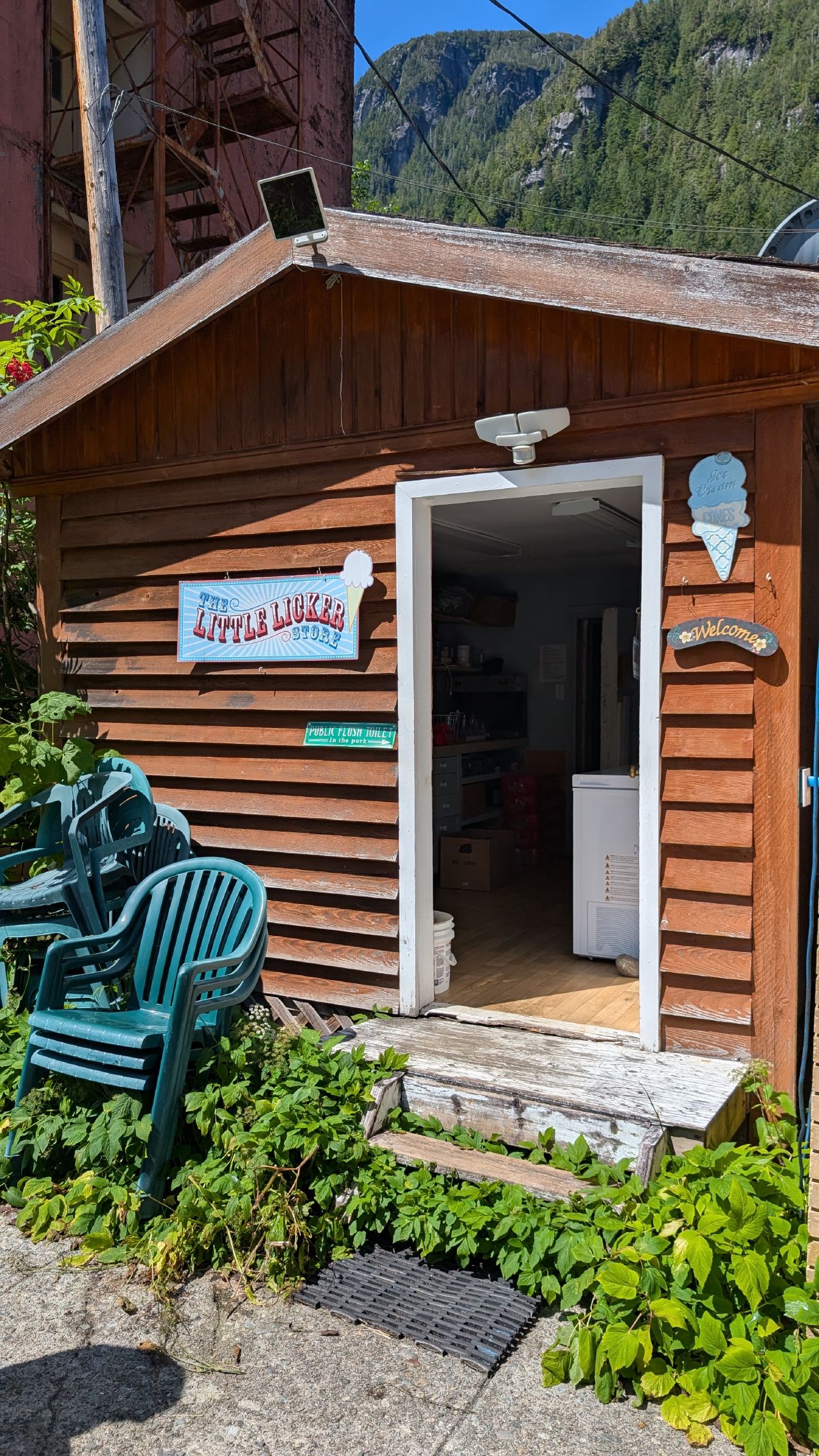 The Little Liquor Store, a small wooden building and one of the few businesses in Ocean Falls