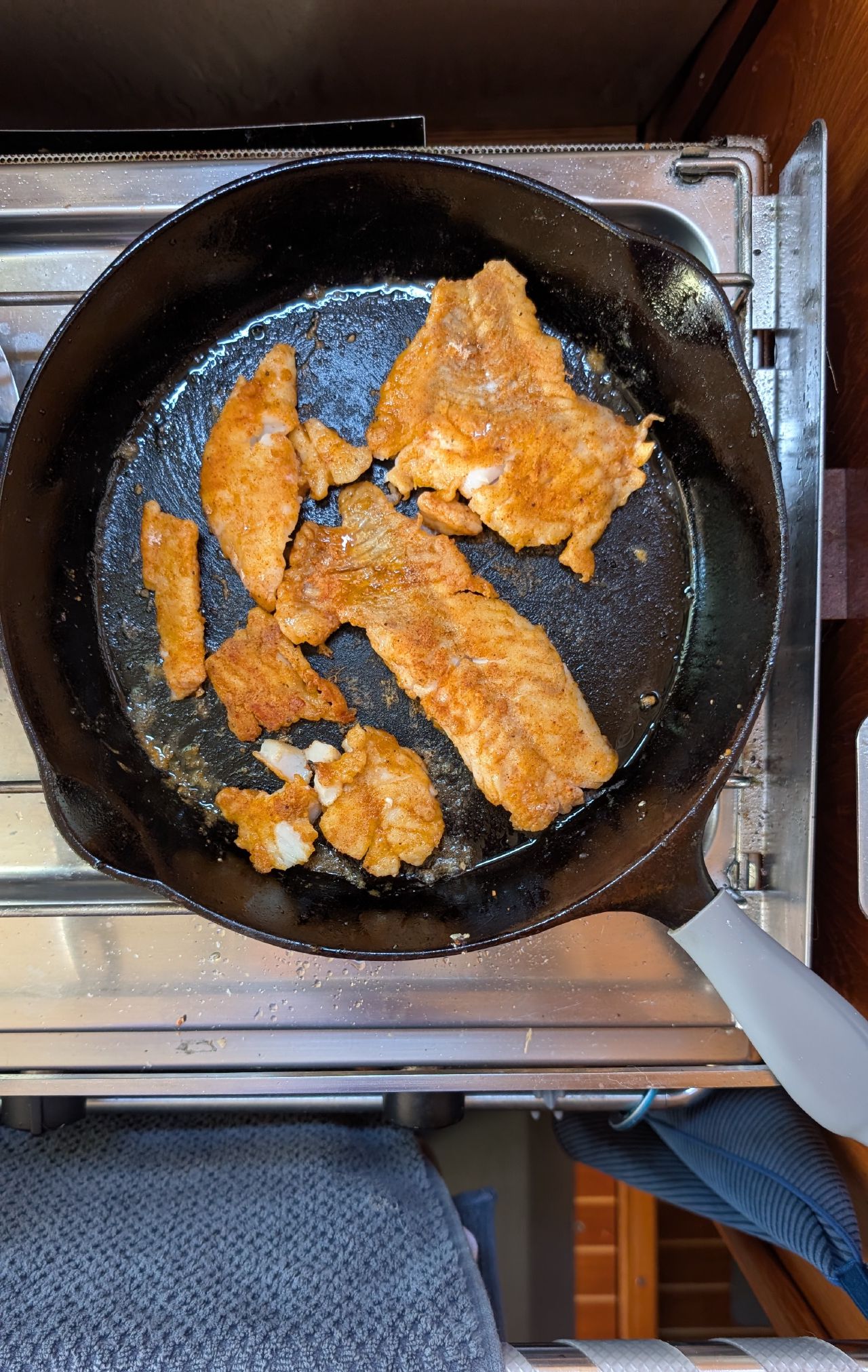 Sea bass filets frying golden brown in a cast iron skillet on the boat galley stove