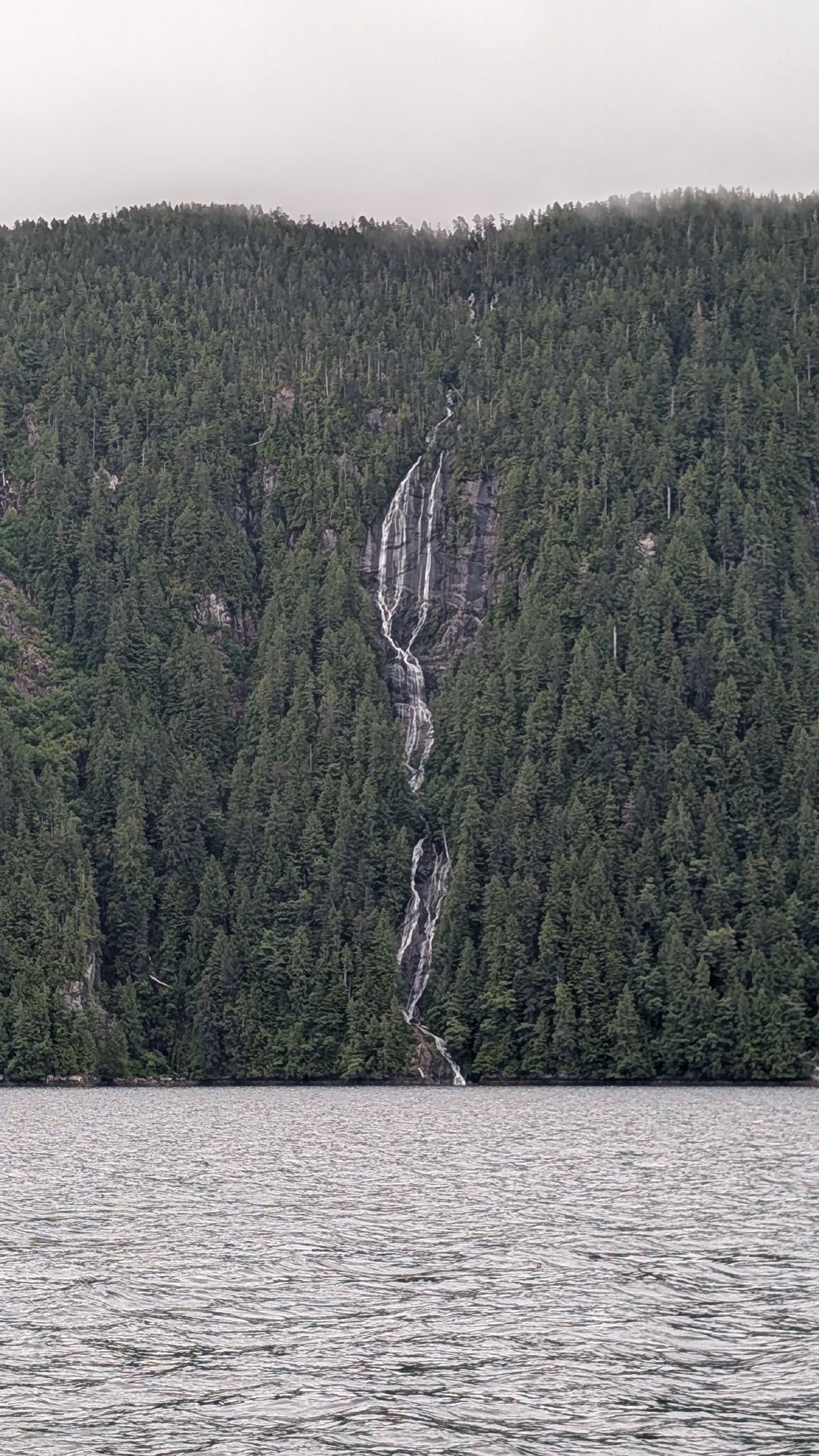 Tall waterfall streaming through dense evergreen forest along Mathison Channel