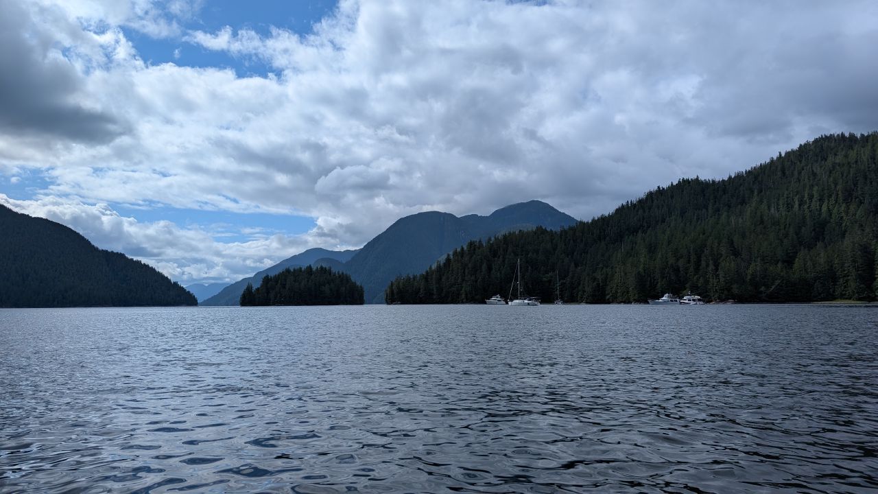 Flotilla boats anchored in Windy Bay surrounded by forested mountains and dramatic clouds