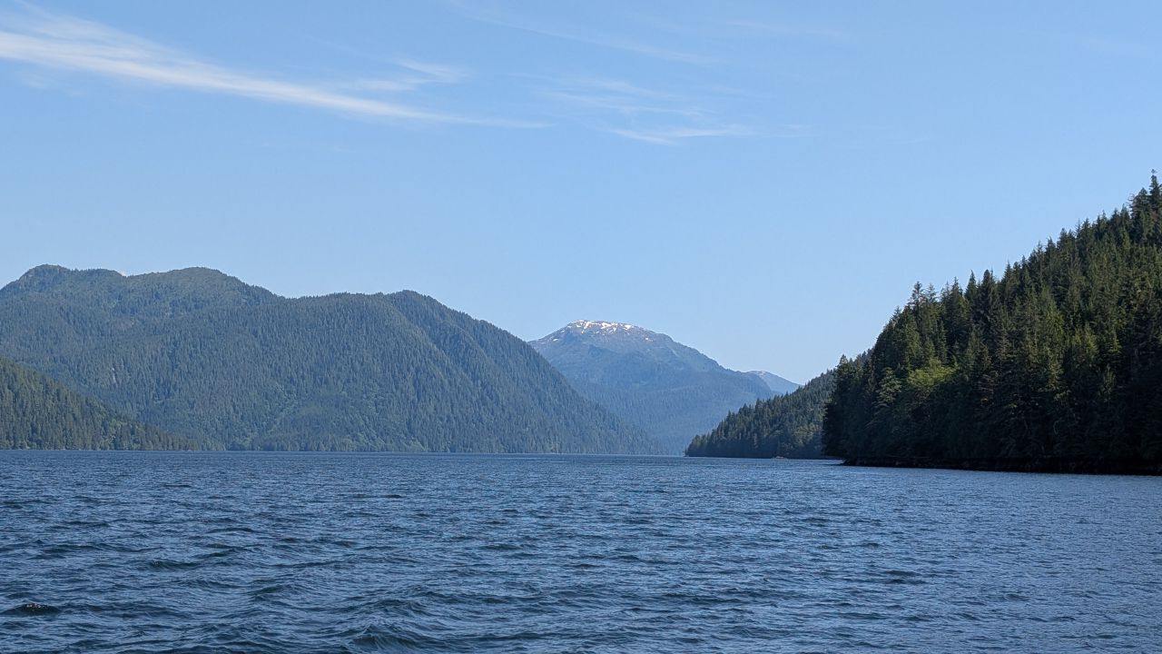 Snow-capped mountain peak visible behind forested islands near Princess Royal Island