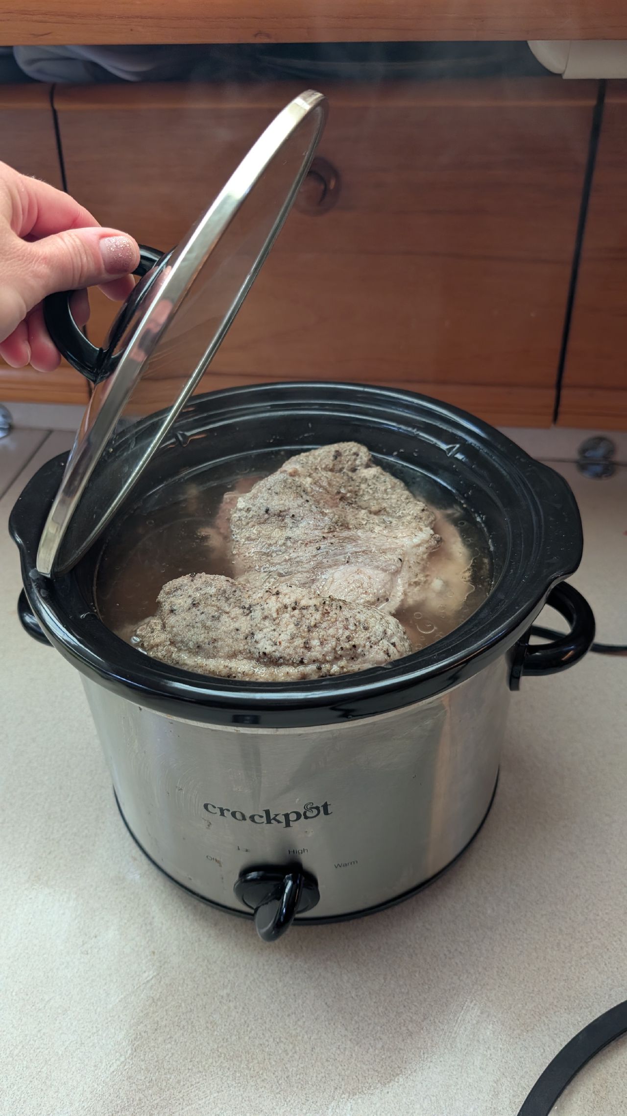 Pulled pork cooking in a crockpot in the boat galley