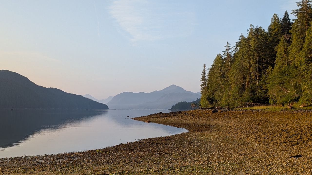 Low tide beach curving along forested shoreline with hazy mountains in the morning light
