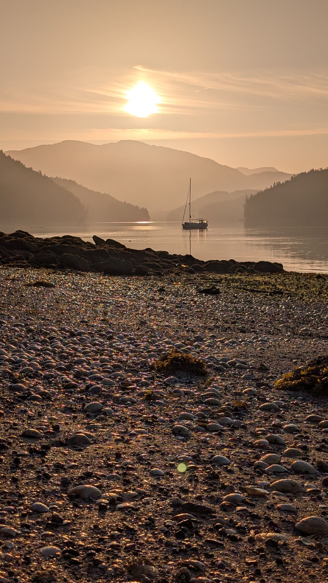 Pebble beach at low tide with a sailboat silhouetted against a golden sunrise