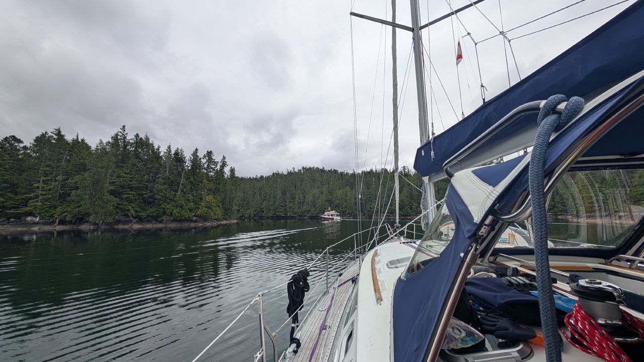 SV Yahara arriving at a calm sheltered anchorage surrounded by evergreen trees