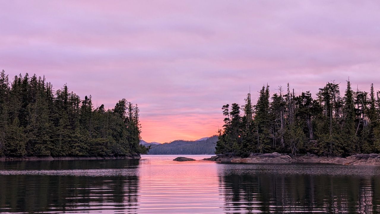 Stunning pink and purple sunset reflected in the calm water at Quiggly Creek Cove