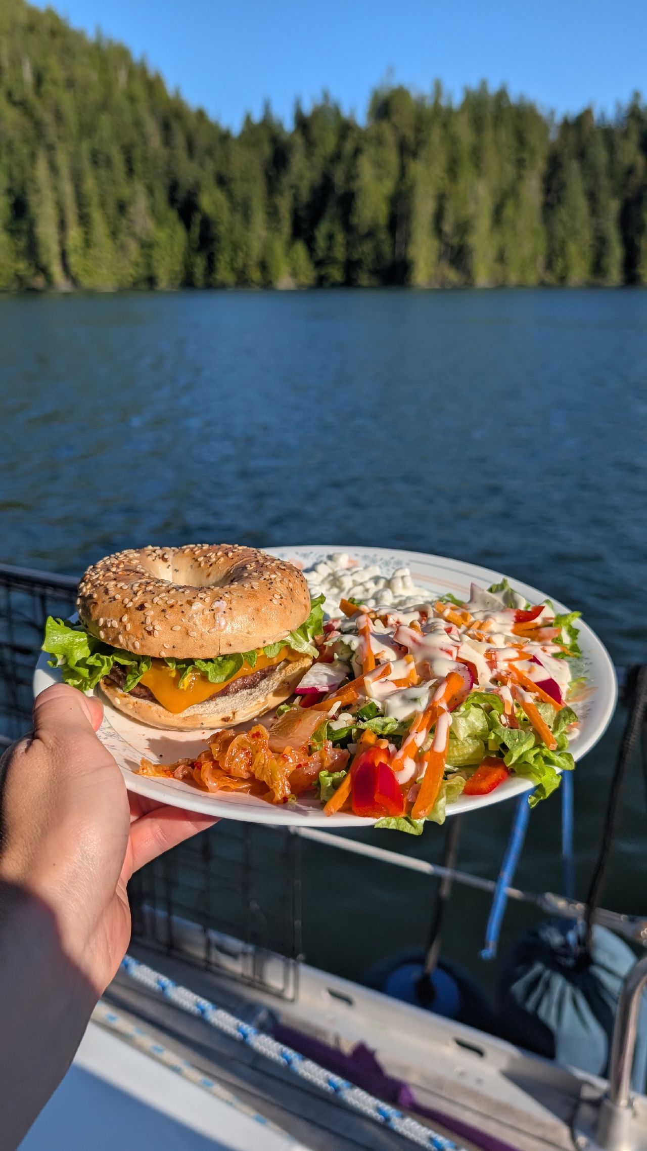 A bagel cheeseburger with a fresh salad held up with Turnbull Cove anchorage in the background