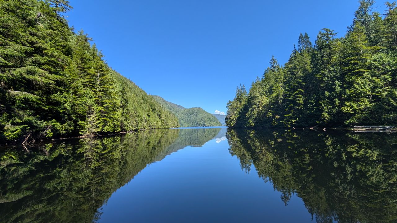 A stunning mirror-like lake surrounded by evergreen forest at the top of the Turnbull Cove hike
