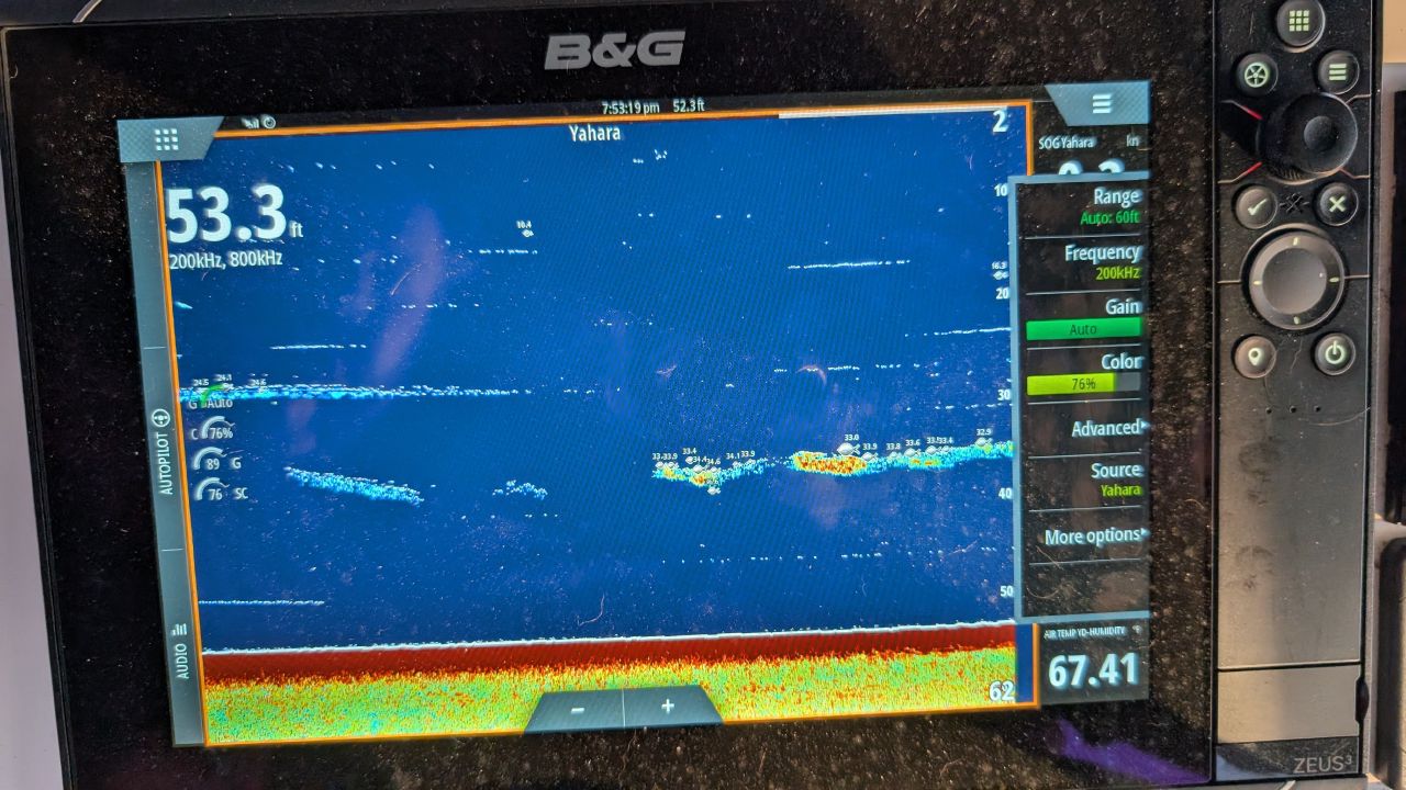 B&G Zeus fish finder display showing fish schools beneath SV Yahara at Henry Bay anchorage