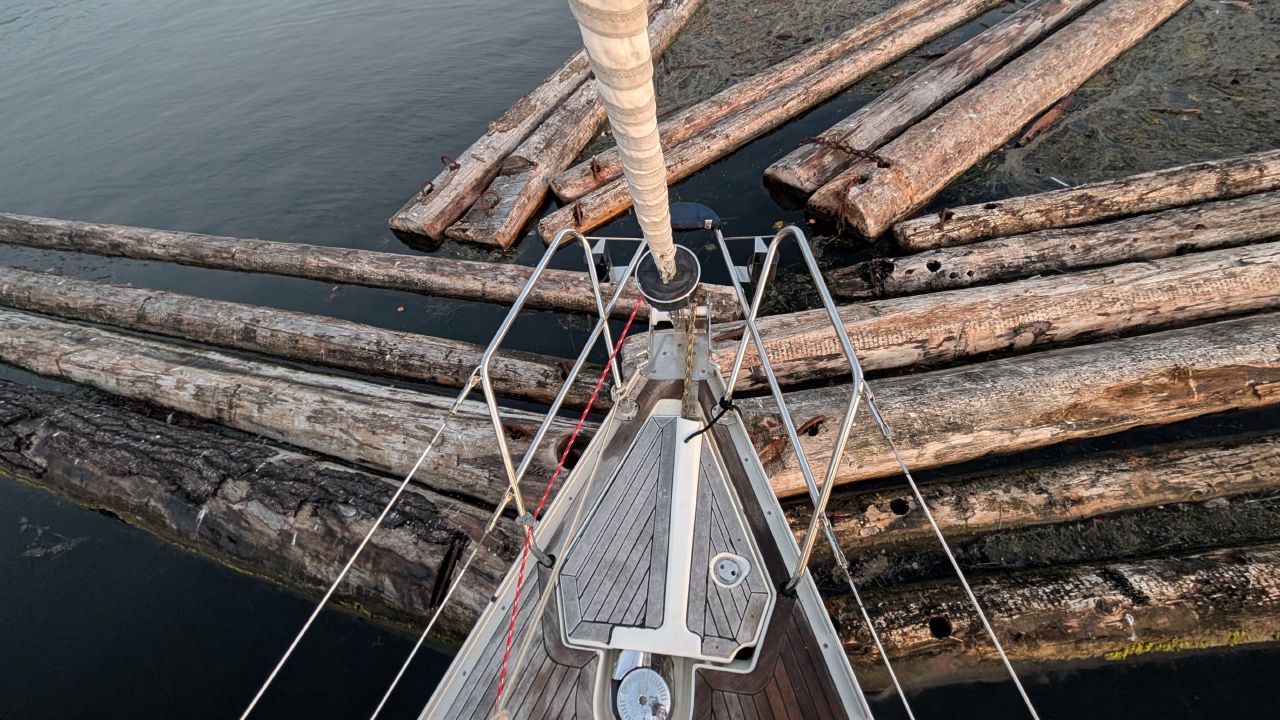 Close-up of large logs from the log boom pressed tightly against the bow of SV Yahara