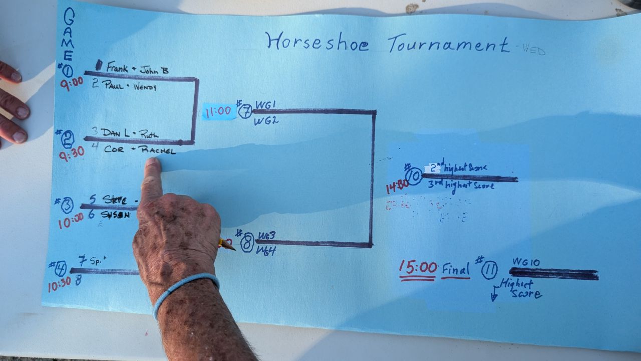 Hand-drawn horseshoe tournament bracket on blue paper showing team pairings and schedule