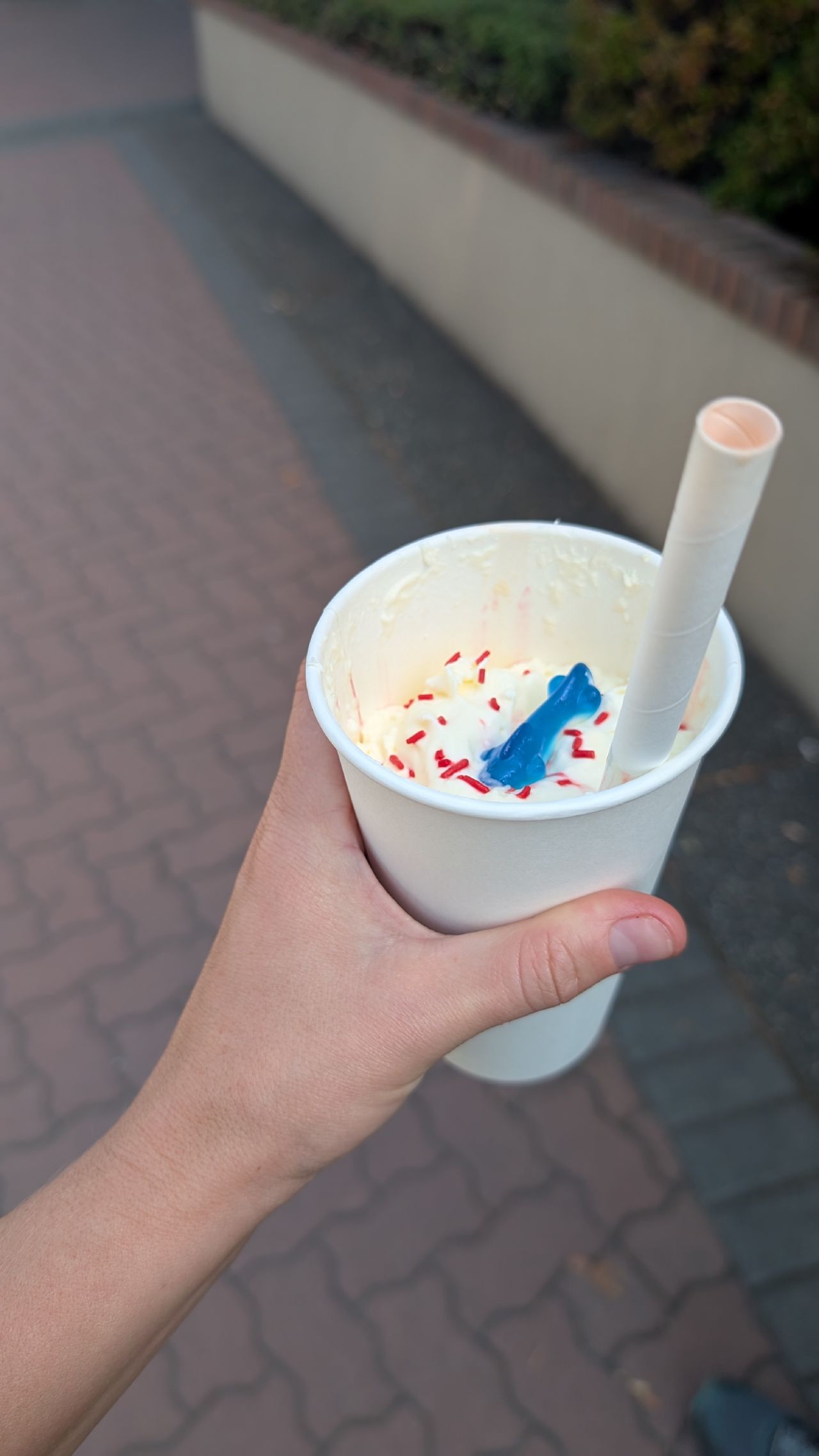 Tiger shark milkshake topped with whipped cream, sprinkles, and a blue gummy shark from the Five and Dime