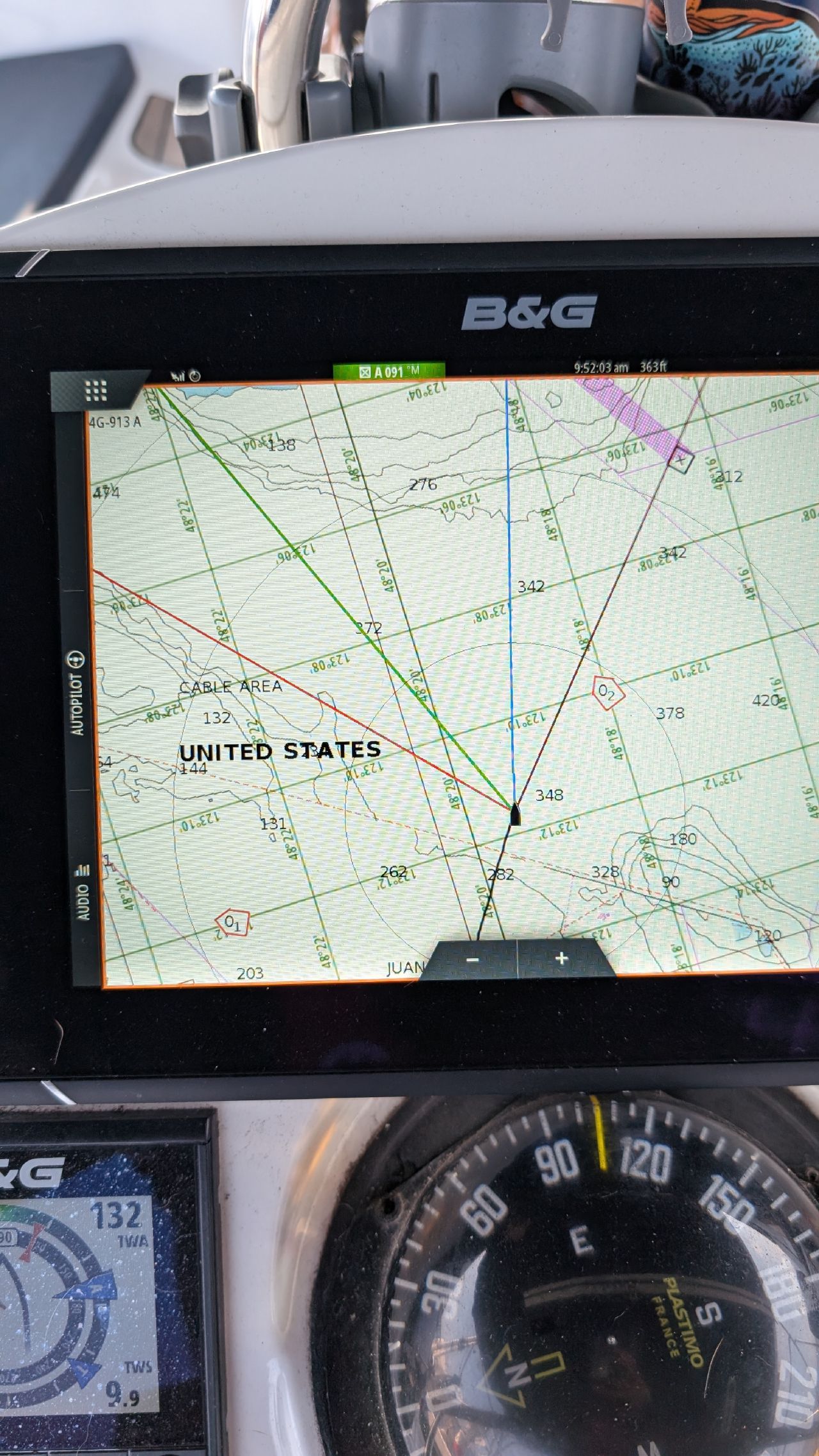 B&G chartplotter showing the boat crossing from Canada into United States waters in the Strait of Juan de Fuca