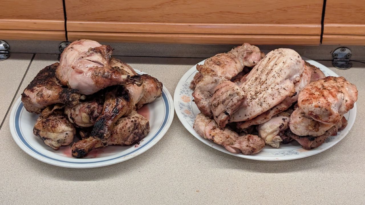 Two heaping plates of cooked chicken prepared the night before to avoid bringing raw meat across the border