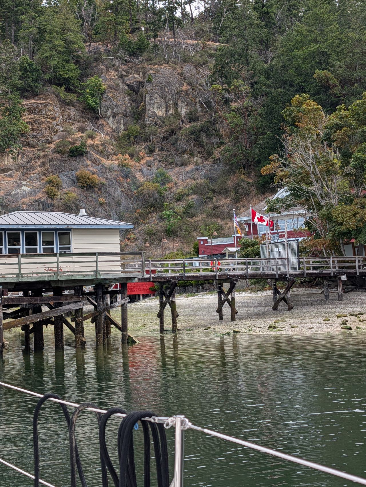 The customs dock with a Canadian flag at the check-in point