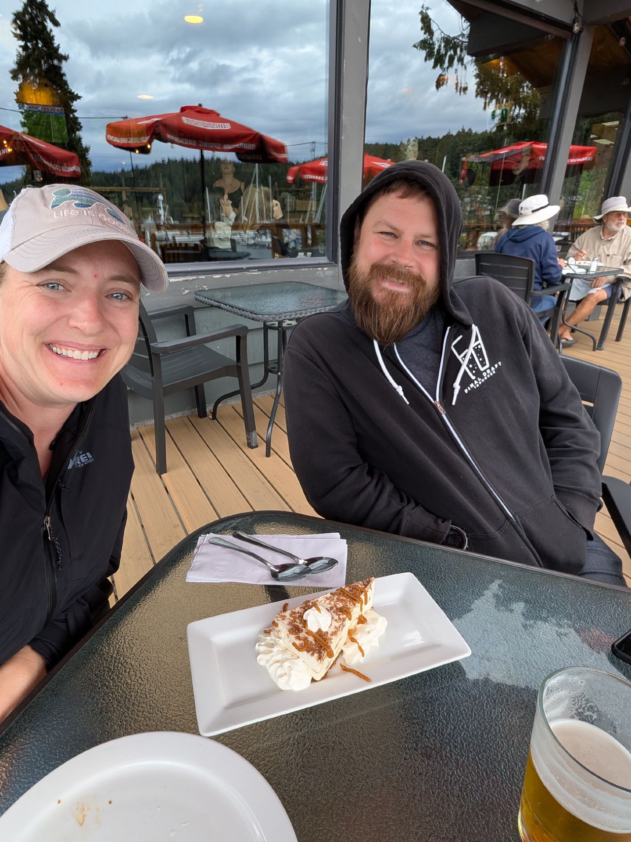 Rachel and Brian with a dessert on the Port Browning restaurant patio
