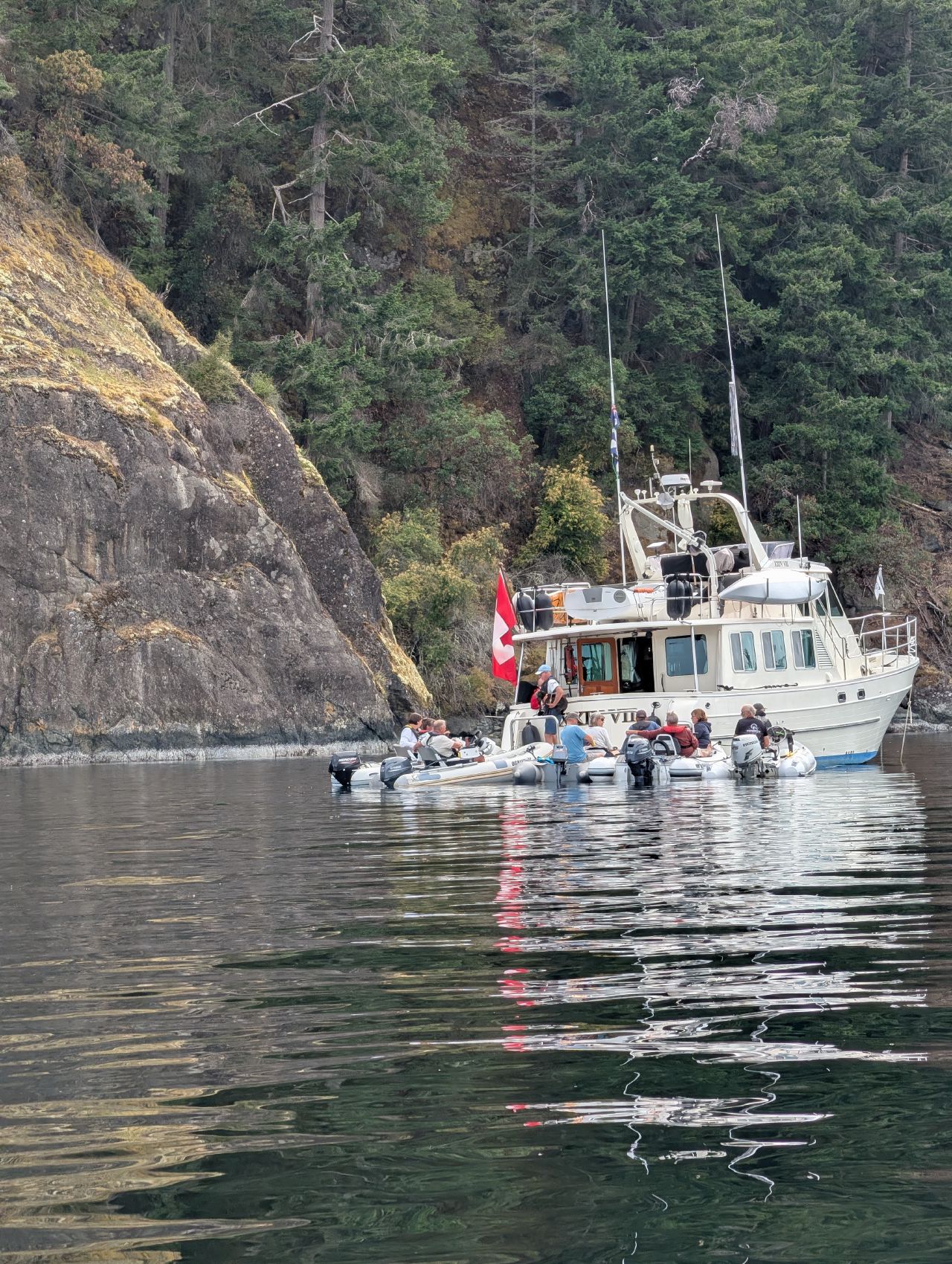 58% 46% Boats and dinghies gathered below the cliffs at Jedediah Island
