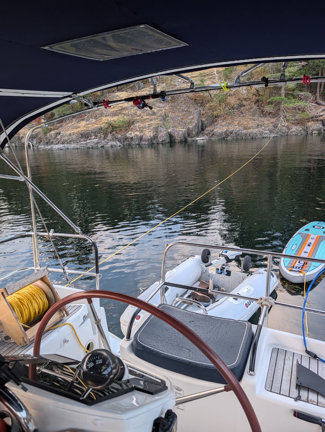 View from the cockpit anchored along Jedediah’s rocky shore