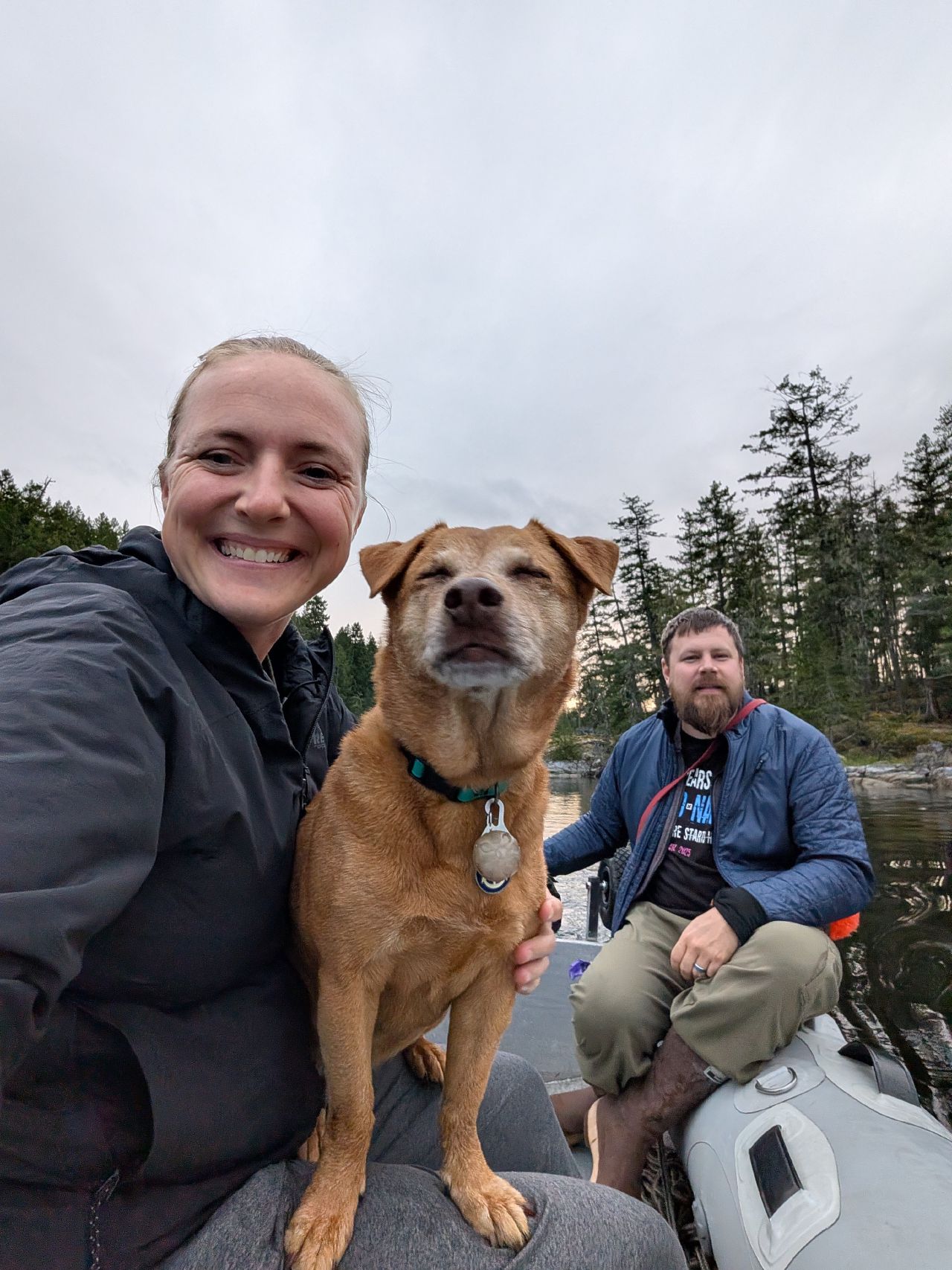 Rachel, Maui, and Brian on a dinghy ride at Grace Harbor